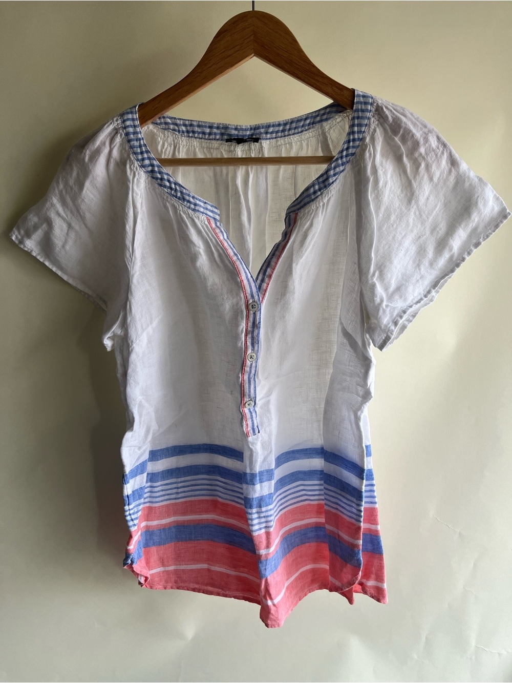 Talbots Linen Blouse Sz Sm Women’s Striped White Blue Preppy Shirt